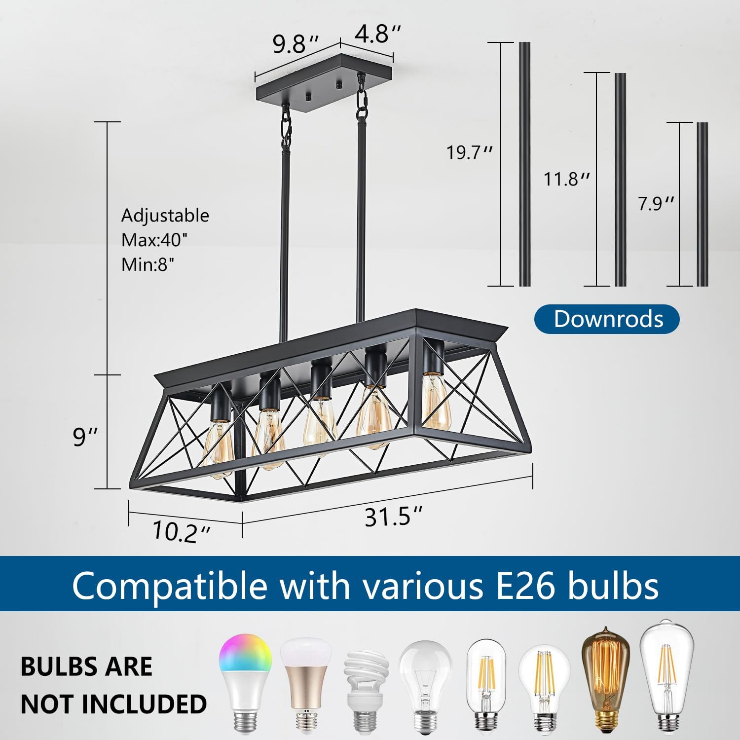 31.5" Farmhouse Kitchen Island Lighting, 5-Light Dining Room Light Fixtures, Rectangular Chandeliers, Rustic Pendant Light Fixtures for Kitchen, Pool Table Lights, Black - Grand Goldman