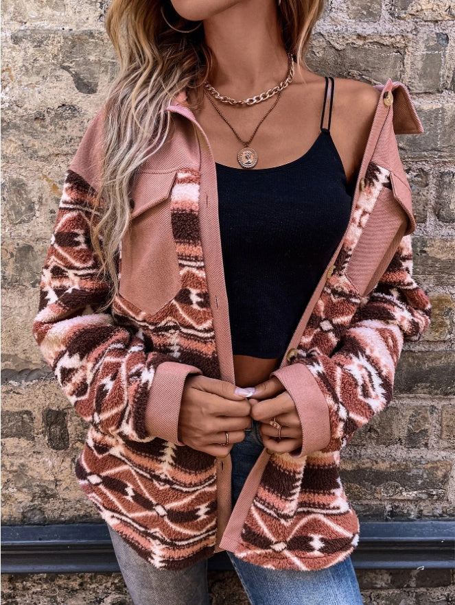 Geo Pattern Flap Pocket Drop Shoulder Coat