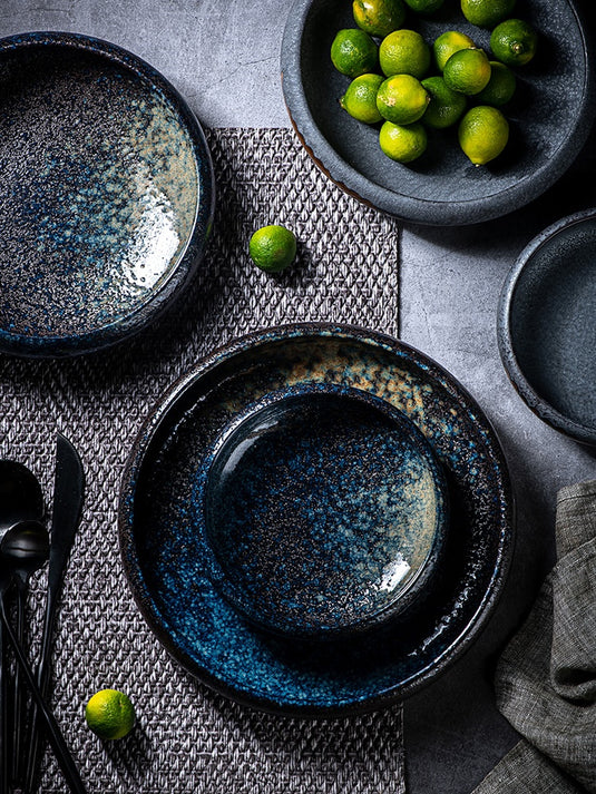 Handcrafted Deep Blue Ceramic Plate Japanese Kiln Change Series – Unique Glaze Textures Dishwasher & Microwave Safe