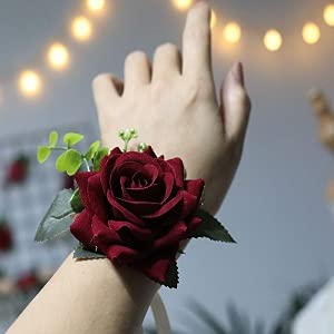Arlai Wedding Prom Corsage and Boutonniere Set, Rose Wrist Corsage Ribbon Bracelet, Artificial Flower(Burgundy)