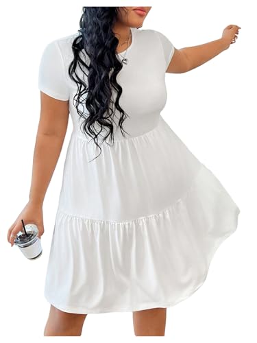 Floerns Women's Plus Size Short Sleeve Ruffle Dress Knitted Flowy Tiered A Line Dresses White XX-Large Plus