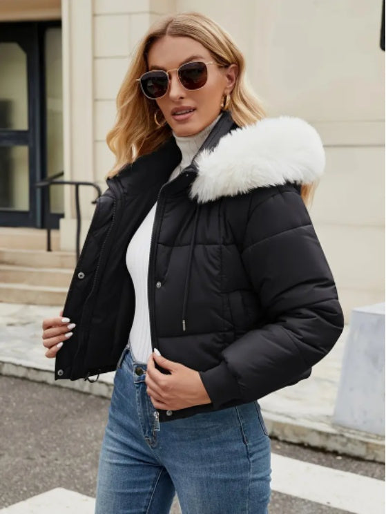 Women's Chic Mint Green Puffer Jacket With Faux Fur Trim Hood - Grand Goldman