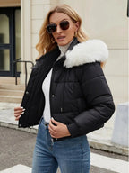 Women's Chic Mint Green Puffer Jacket With Faux Fur Trim Hood - Grand Goldman