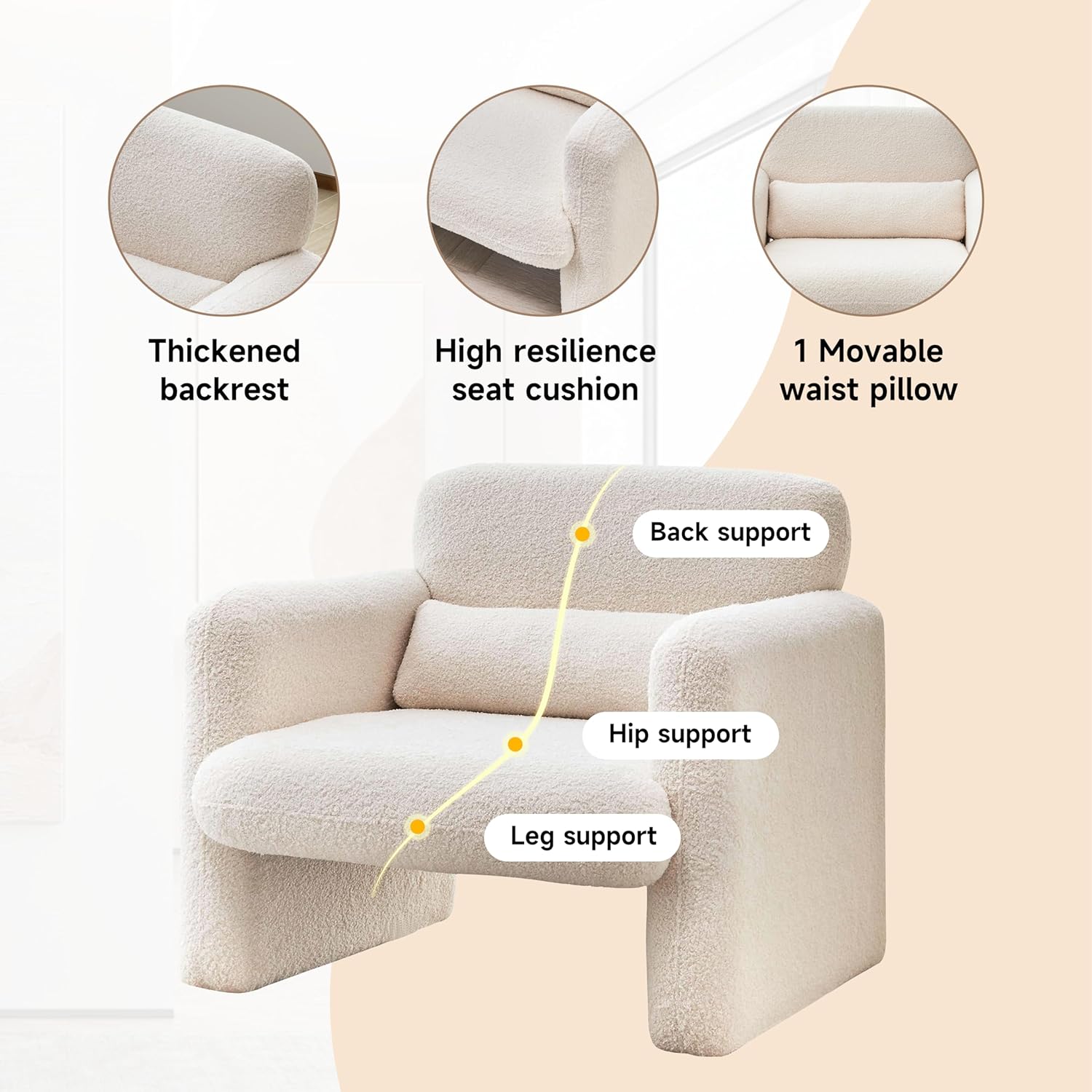 33.86" Accent Chairs, Modern Sherpa Lamb Fabric Armed Chair Comfy Upholstered Armchair Leisure Single Sofa Chair with a Waist Pillow for Bedroom, Office and Living Room - Grand Goldman