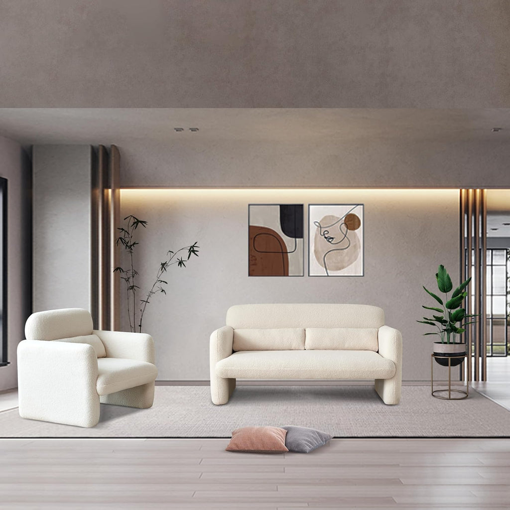 33.86" Accent Chairs, Modern Sherpa Lamb Fabric Armed Chair Comfy Upholstered Armchair Leisure Single Sofa Chair with a Waist Pillow for Bedroom, Office and Living Room - Grand Goldman