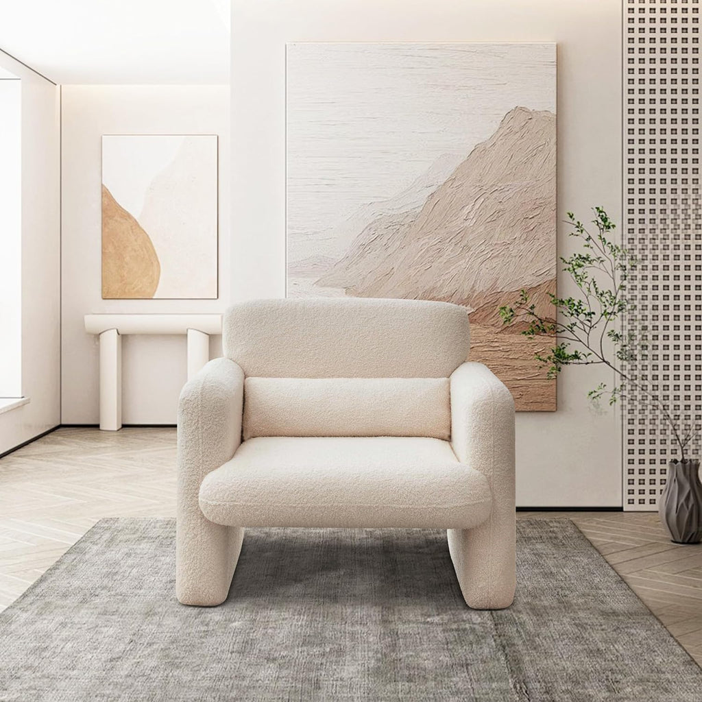 33.86" Accent Chairs, Modern Sherpa Lamb Fabric Armed Chair Comfy Upholstered Armchair Leisure Single Sofa Chair with a Waist Pillow for Bedroom, Office and Living Room - Grand Goldman