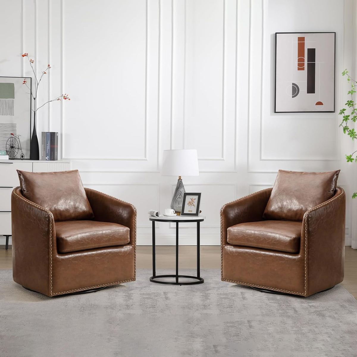 360 Degree Swivel Accent Chair Set of Two with Plump Back Pillow, Waterproof Oil Waxed PU Leather Swivel Armchair with Rivets, Comfy Vintage Round Barrel Chair for Living Room - Grand Goldman