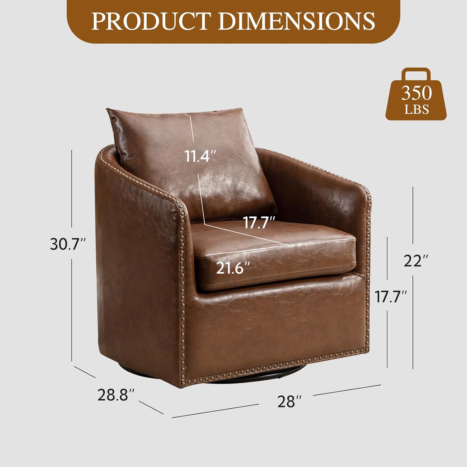 360 Degree Swivel Accent Chair Set of Two with Plump Back Pillow, Waterproof Oil Waxed PU Leather Swivel Armchair with Rivets, Comfy Vintage Round Barrel Chair for Living Room - Grand Goldman