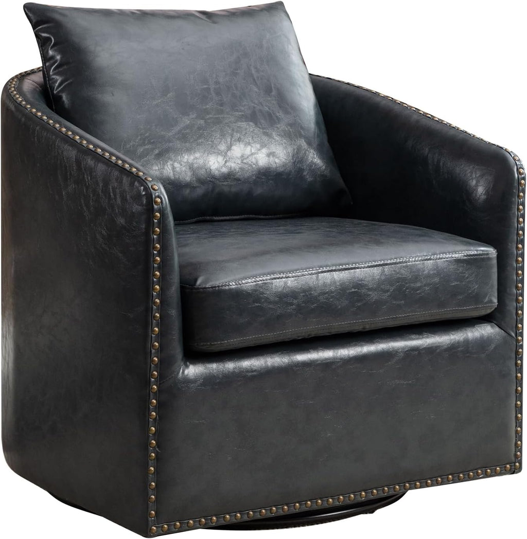 360 Degree Swivel Accent Chair Set of Two with Plump Back Pillow, Waterproof Oil Waxed PU Leather Swivel Armchair with Rivets, Comfy Vintage Round Barrel Chair for Living Room - Grand Goldman