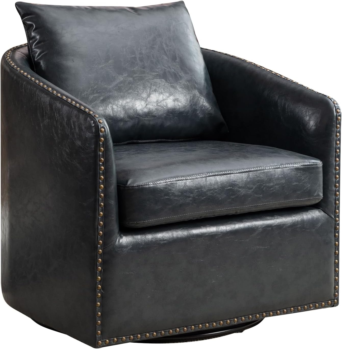360 Degree Swivel Accent Chair Set of Two with Plump Back Pillow, Waterproof Oil Waxed PU Leather Swivel Armchair with Rivets, Comfy Vintage Round Barrel Chair for Living Room - Grand Goldman