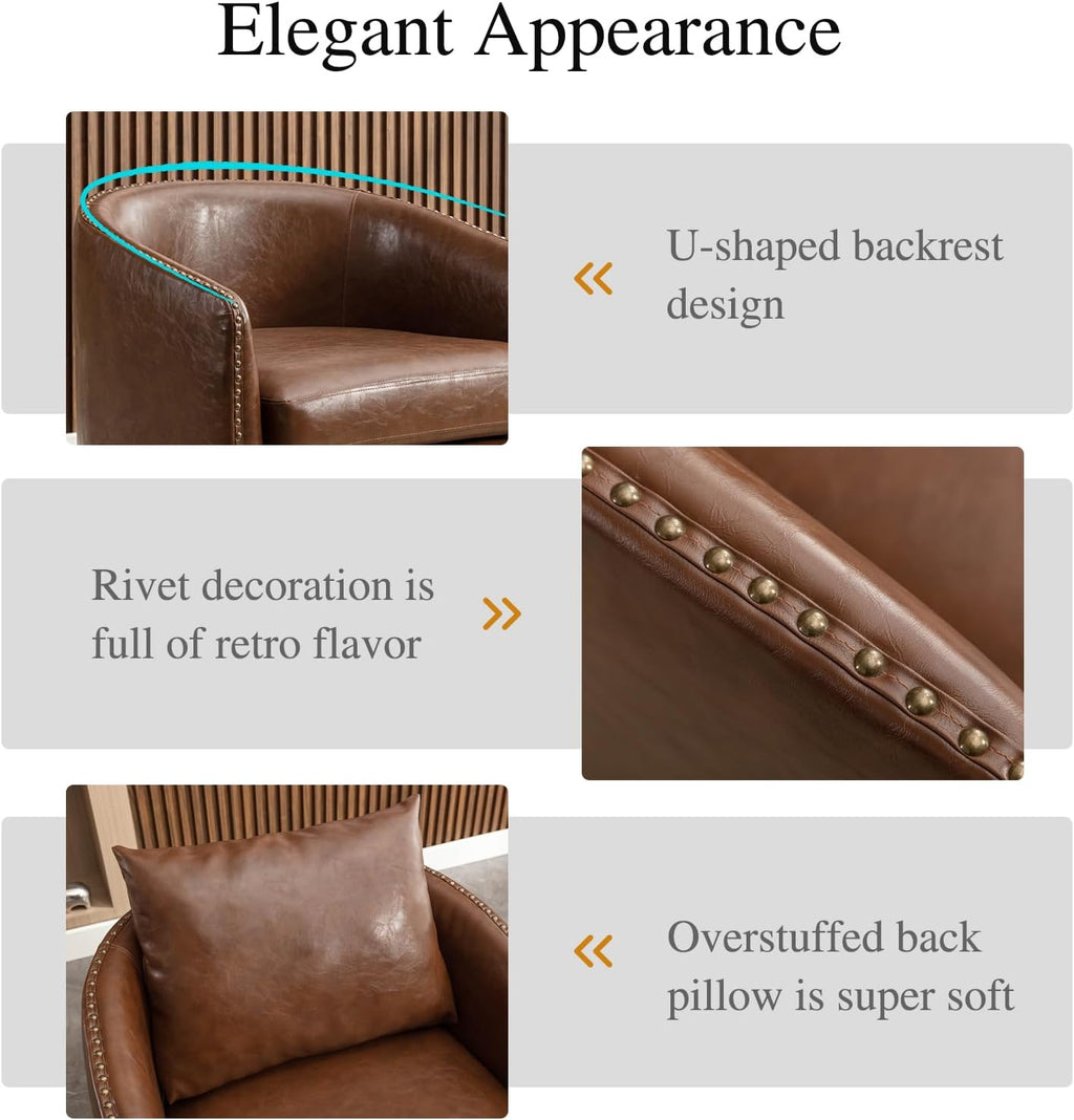 360 Degree Swivel Accent Chair Set of Two with Plump Back Pillow, Waterproof Oil Waxed PU Leather Swivel Armchair with Rivets, Comfy Vintage Round Barrel Chair for Living Room - Grand Goldman