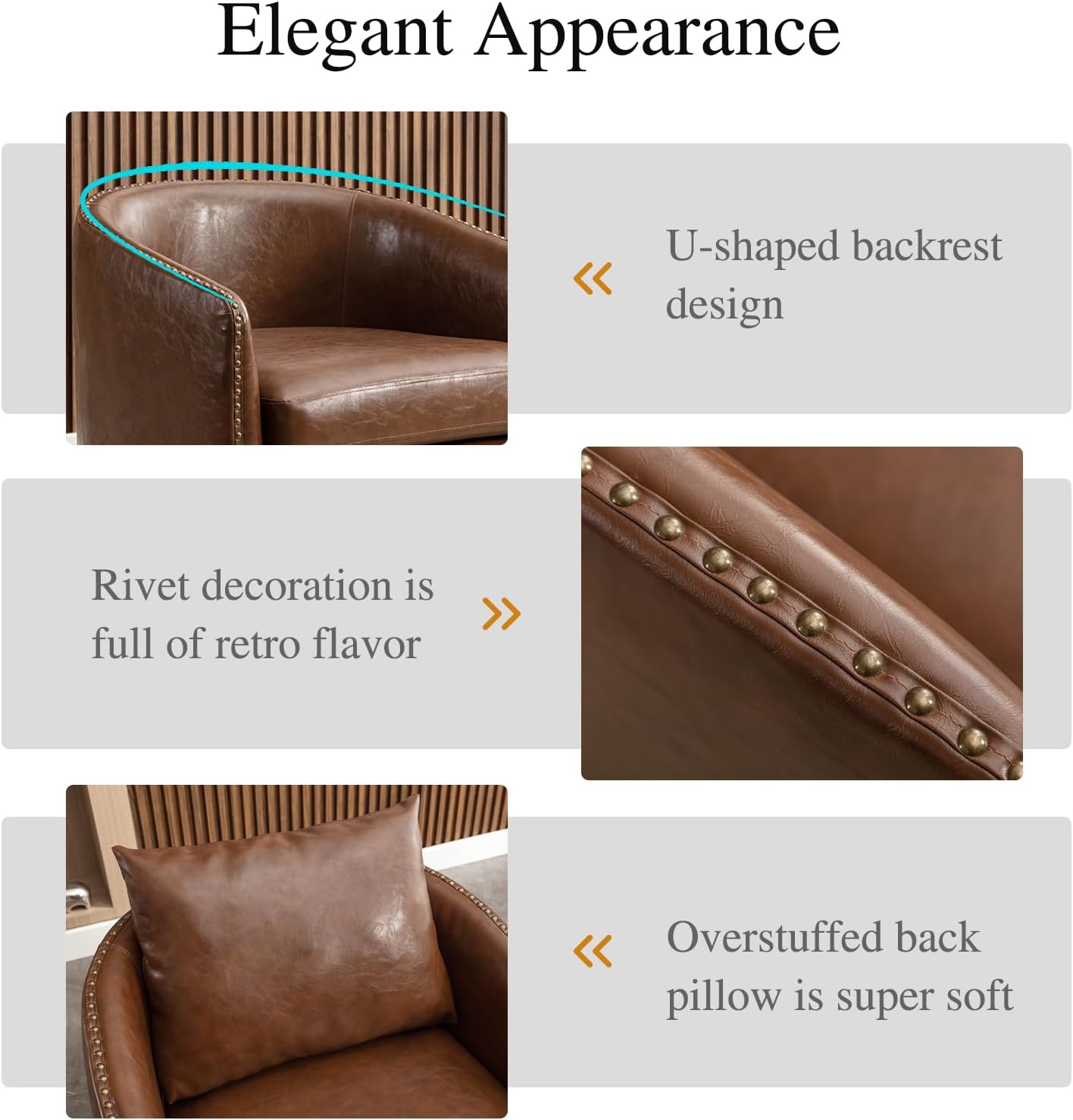 360 Degree Swivel Accent Chair Set of Two with Plump Back Pillow, Waterproof Oil Waxed PU Leather Swivel Armchair with Rivets, Comfy Vintage Round Barrel Chair for Living Room - Grand Goldman