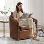 360 Degree Swivel Accent Chair Set of Two with Plump Back Pillow, Waterproof Oil Waxed PU Leather Swivel Armchair with Rivets, Comfy Vintage Round Barrel Chair for Living Room - Grand Goldman