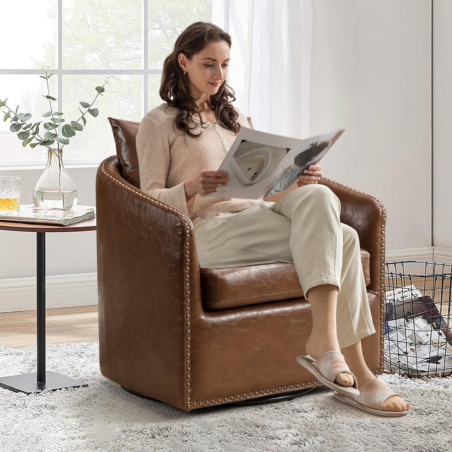 360 Degree Swivel Accent Chair Set of Two with Plump Back Pillow, Waterproof Oil Waxed PU Leather Swivel Armchair with Rivets, Comfy Vintage Round Barrel Chair for Living Room - Grand Goldman