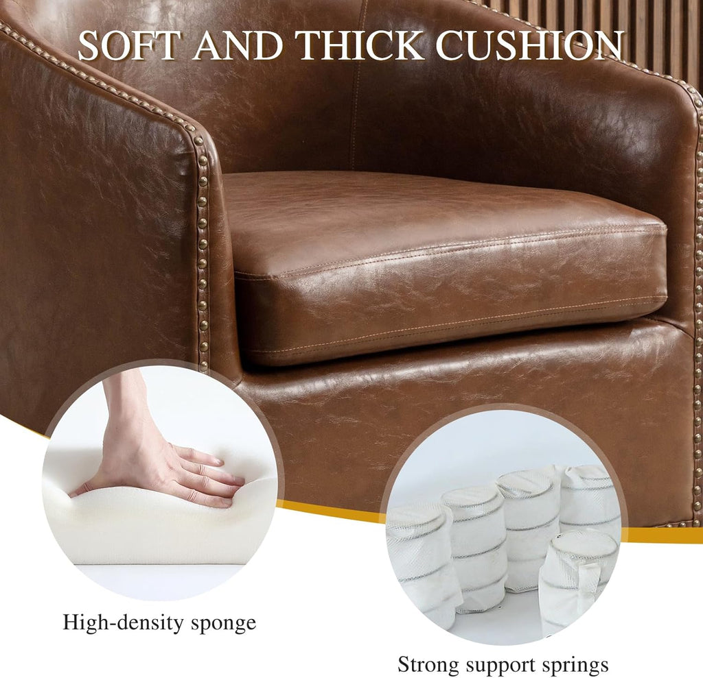 360 Degree Swivel Accent Chair Set of Two with Plump Back Pillow, Waterproof Oil Waxed PU Leather Swivel Armchair with Rivets, Comfy Vintage Round Barrel Chair for Living Room - Grand Goldman