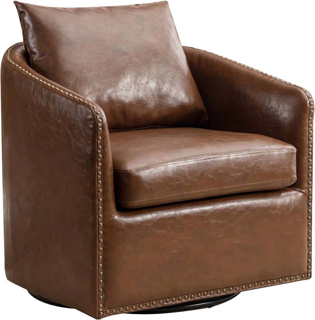 360 Degree Swivel Accent Chair Set of Two with Plump Back Pillow, Waterproof Oil Waxed PU Leather Swivel Armchair with Rivets, Comfy Vintage Round Barrel Chair for Living Room - Grand Goldman