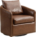360 Degree Swivel Accent Chair Set of Two with Plump Back Pillow, Waterproof Oil Waxed PU Leather Swivel Armchair with Rivets, Comfy Vintage Round Barrel Chair for Living Room - Grand Goldman