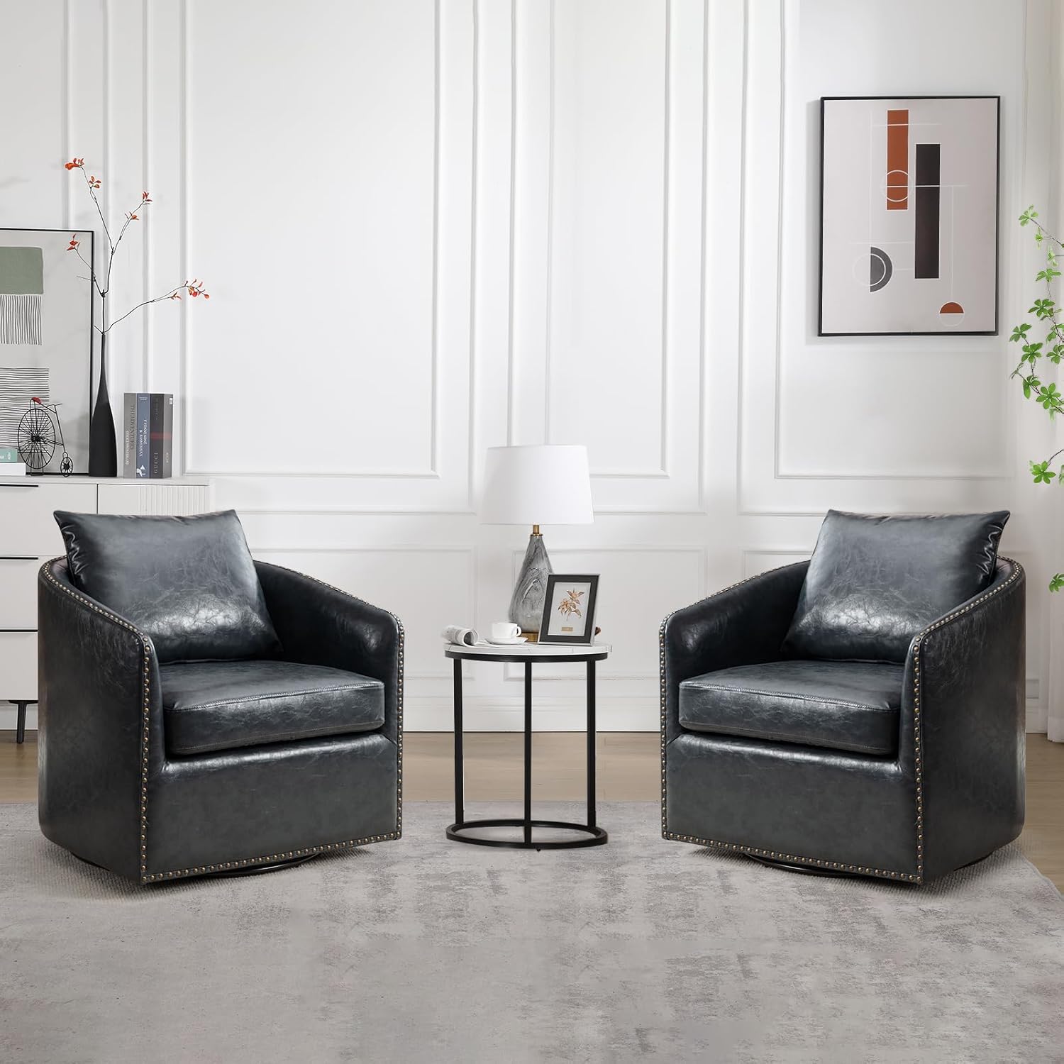 360 Degree Swivel Accent Chair Set of Two with Plump Back Pillow, Waterproof Oil Waxed PU Leather Swivel Armchair with Rivets, Comfy Vintage Round Barrel Chair for Living Room - Grand Goldman