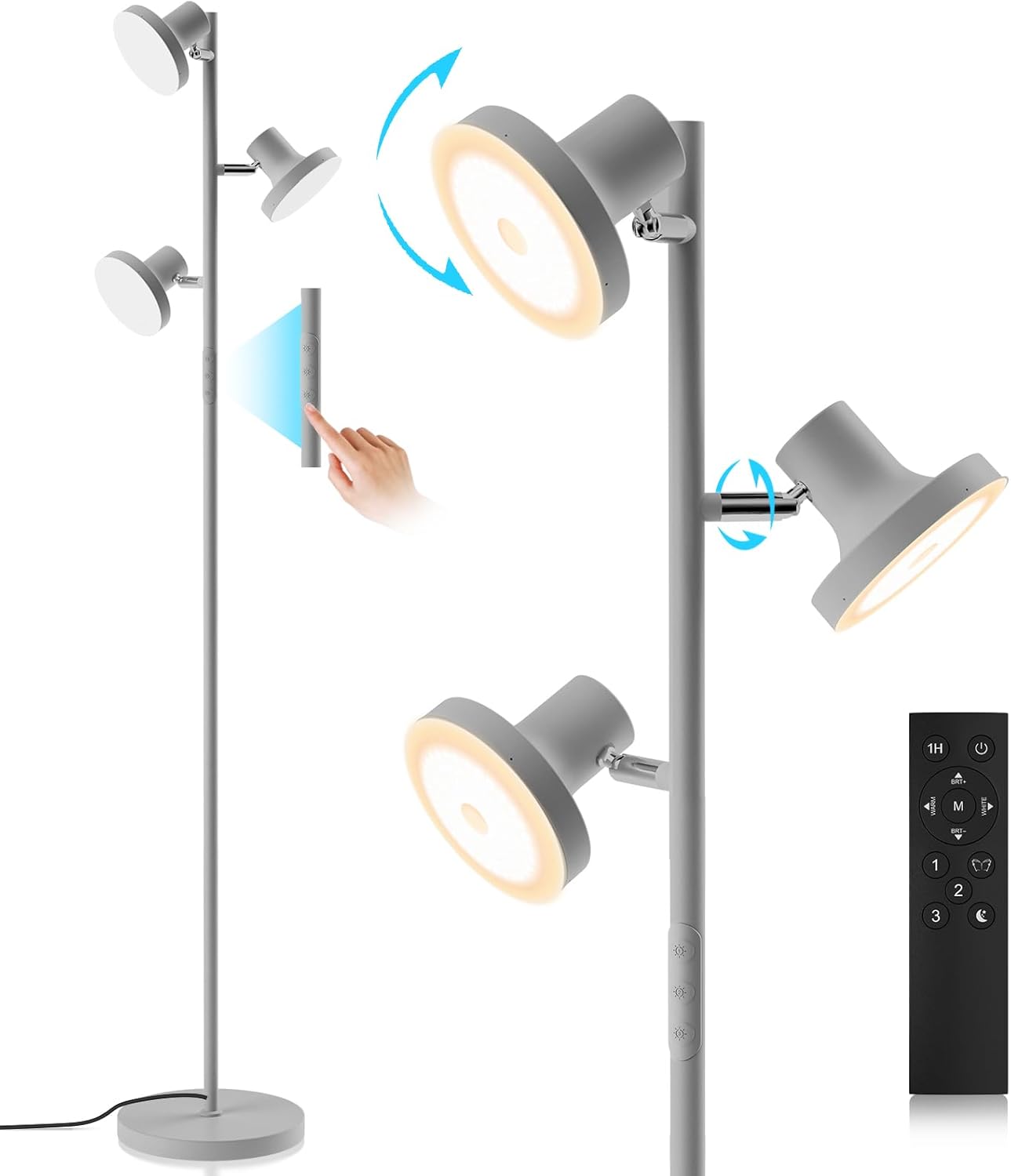 36W LED Tree Floor Lamp, Modern Dimmable Standing Lamp with Remote & Touch Control, 4 Color Temperatures, 3 Rotatable LED Light Floor Lamps for Living Room, Bedroom, Office - Grand Goldman