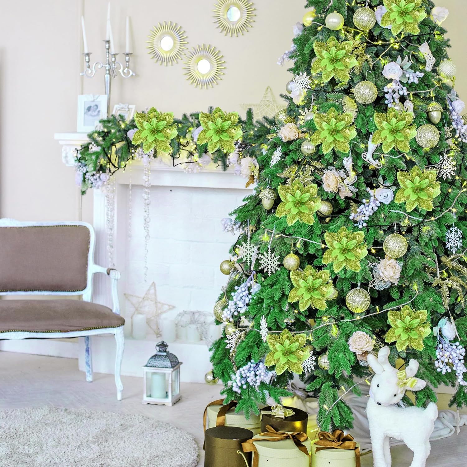 36 Pcs Christmas Glitter Poinsettia Flowers Artificial Ornaments Fake Flowers Christmas Decorations Glitzy Poinsettia with Clips Christmas Decor for Xmas Tree Wreaths Ornaments (Silver) - Grand Goldman