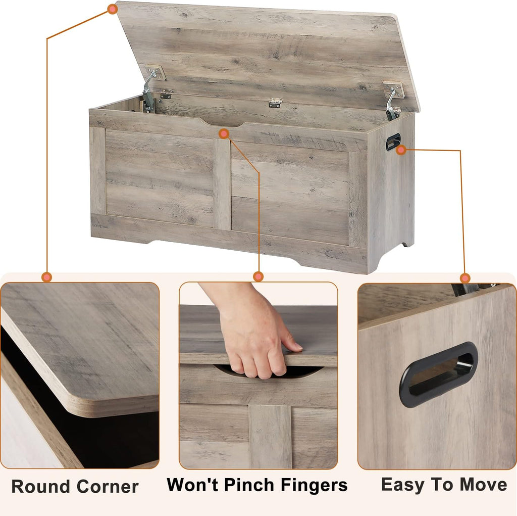 39.4" Storage Chest, Wooden Storage Bench, Lift Top Toy Chest with 2 Safety Hinges, Large Toy Box, Entryway Bench for Living Room, Bedroom, Grey - Grand Goldman