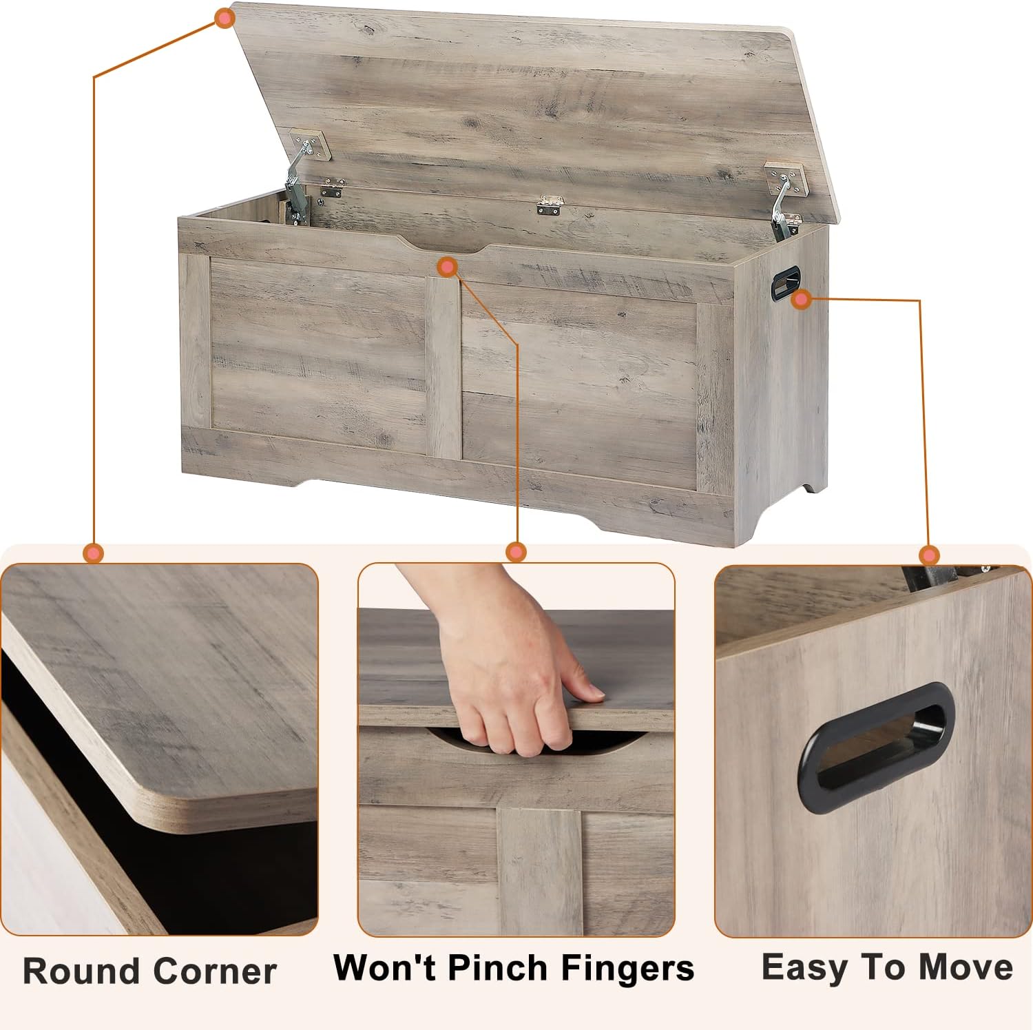 39.4" Storage Chest, Wooden Storage Bench, Lift Top Toy Chest with 2 Safety Hinges, Large Toy Box, Entryway Bench for Living Room, Bedroom, Grey - Grand Goldman