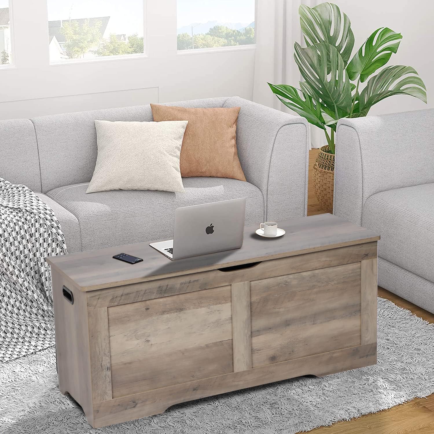 39.4" Storage Chest, Wooden Storage Bench, Lift Top Toy Chest with 2 Safety Hinges, Large Toy Box, Entryway Bench for Living Room, Bedroom, Grey - Grand Goldman