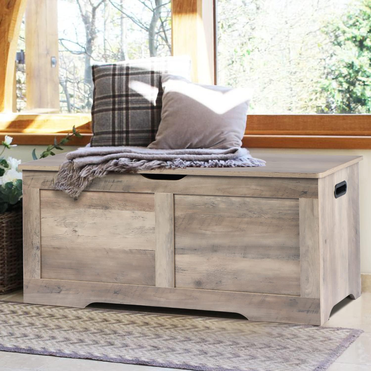 39.4" Storage Chest, Wooden Storage Bench, Lift Top Toy Chest with 2 Safety Hinges, Large Toy Box, Entryway Bench for Living Room, Bedroom, Grey - Grand Goldman