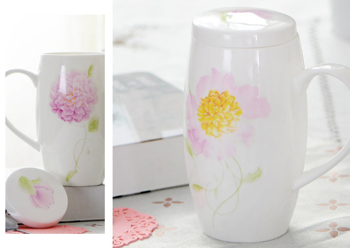 Bone China Breakfast Household Ceramic Large-capacity Mug With Lid Spoon Porcelain Oversized Waist Drum Cup