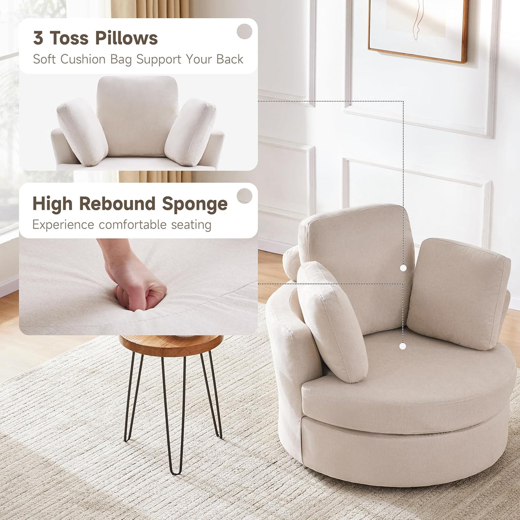 39” Swivel Accent Barrel Chairs with Removable Headrest, Chaise Lounge Indoor with Neck Support Pillow, Swivel Chairs for Living Room, Oversized Chair with Ottoman, Beige - Grand Goldman