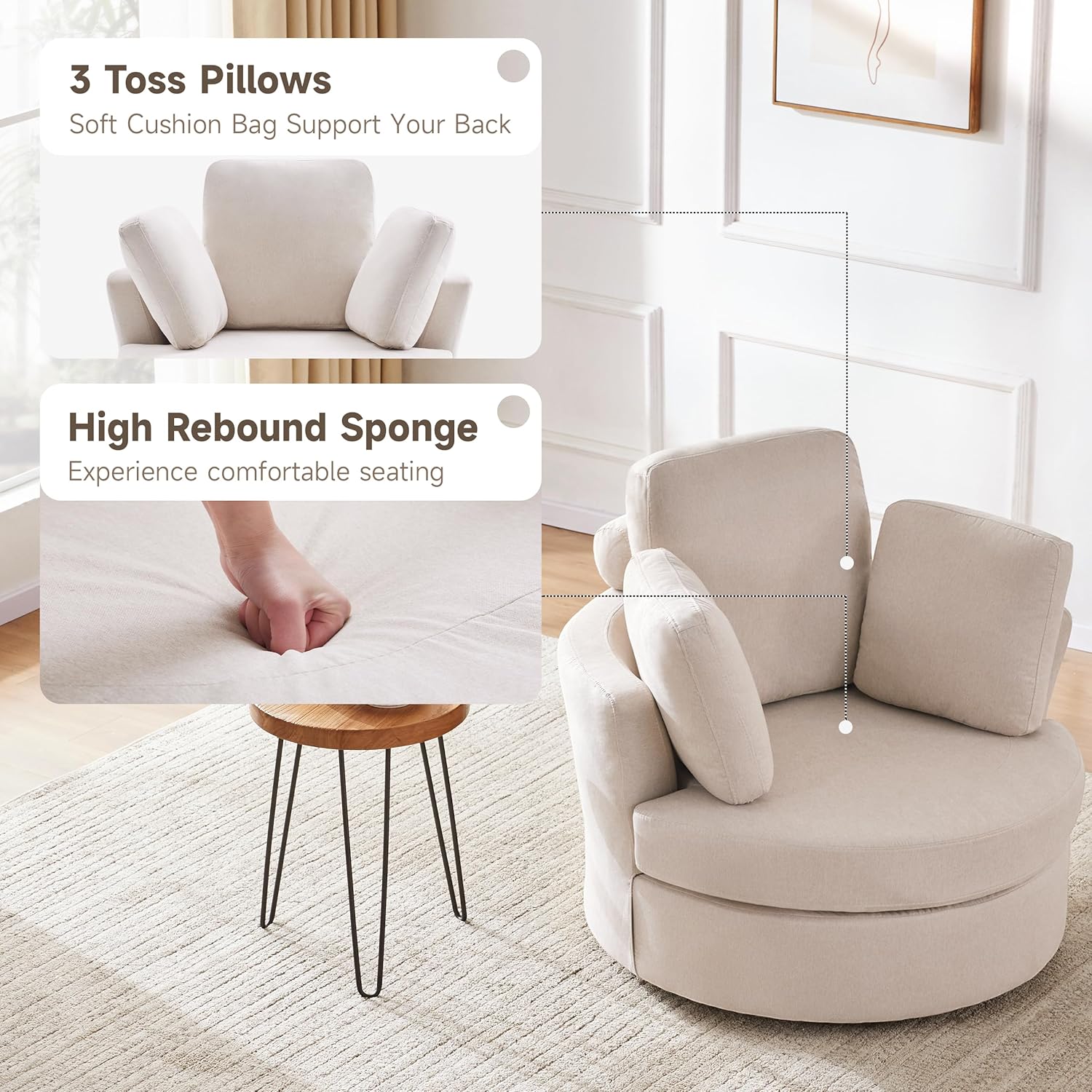 39” Swivel Accent Barrel Chairs with Removable Headrest, Chaise Lounge Indoor with Neck Support Pillow, Swivel Chairs for Living Room, Oversized Chair with Ottoman, Beige - Grand Goldman