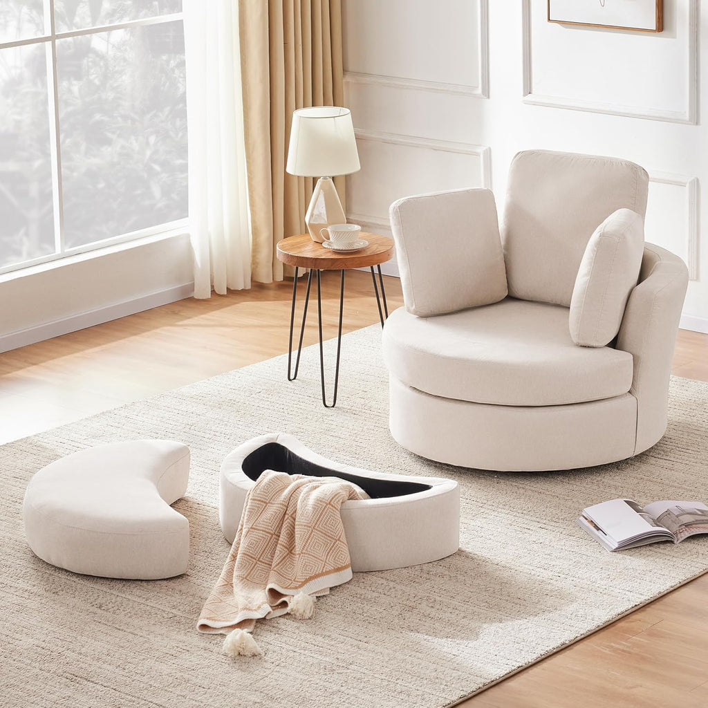 39” Swivel Accent Barrel Chairs with Removable Headrest, Chaise Lounge Indoor with Neck Support Pillow, Swivel Chairs for Living Room, Oversized Chair with Ottoman, Beige - Grand Goldman