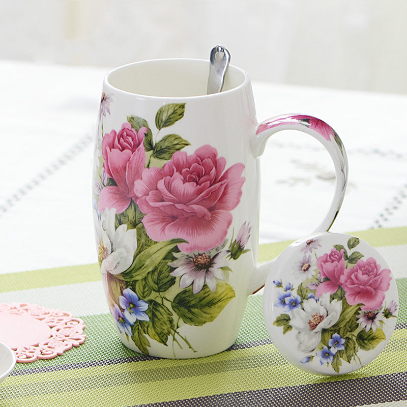 Household Bone China Large Capacity Mug With Lid Spoon Cup