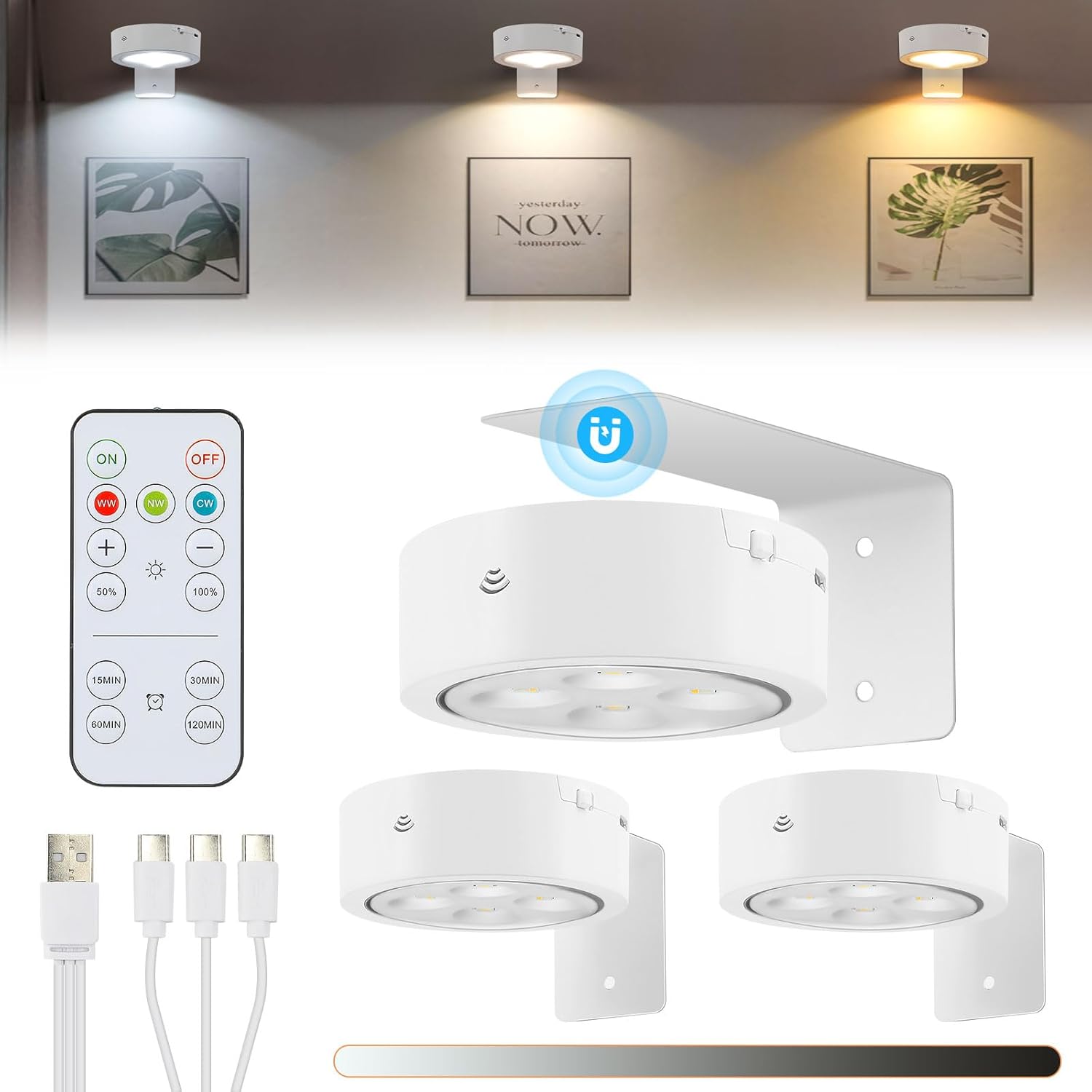 3Pcs Rechargeable Picture Lights,Battery Operated Wall Lights for Pictures with Remote Dimmable and Timer, 3 Lighting Modes Wireless Art Display Light for Picture Frame Paintings-Gold - Grand Goldman