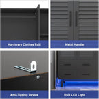 3 Door Armoire Wardrobe Closet Cabinet with Drawers and LED Lights, Multi-Tier Shelves, Hanging Rod & 3 Louver Doors, Large Capacity Storage Wardrobe Armoire for Bedroom, Black - Grand Goldman