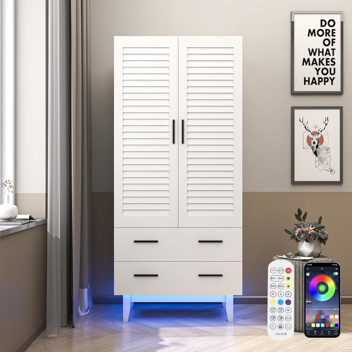 3 Door Armoire Wardrobe Closet Cabinet with Drawers and LED Lights, Multi-Tier Shelves, Hanging Rod & 3 Louver Doors, Large Capacity Storage Wardrobe Armoire for Bedroom, Black - Grand Goldman