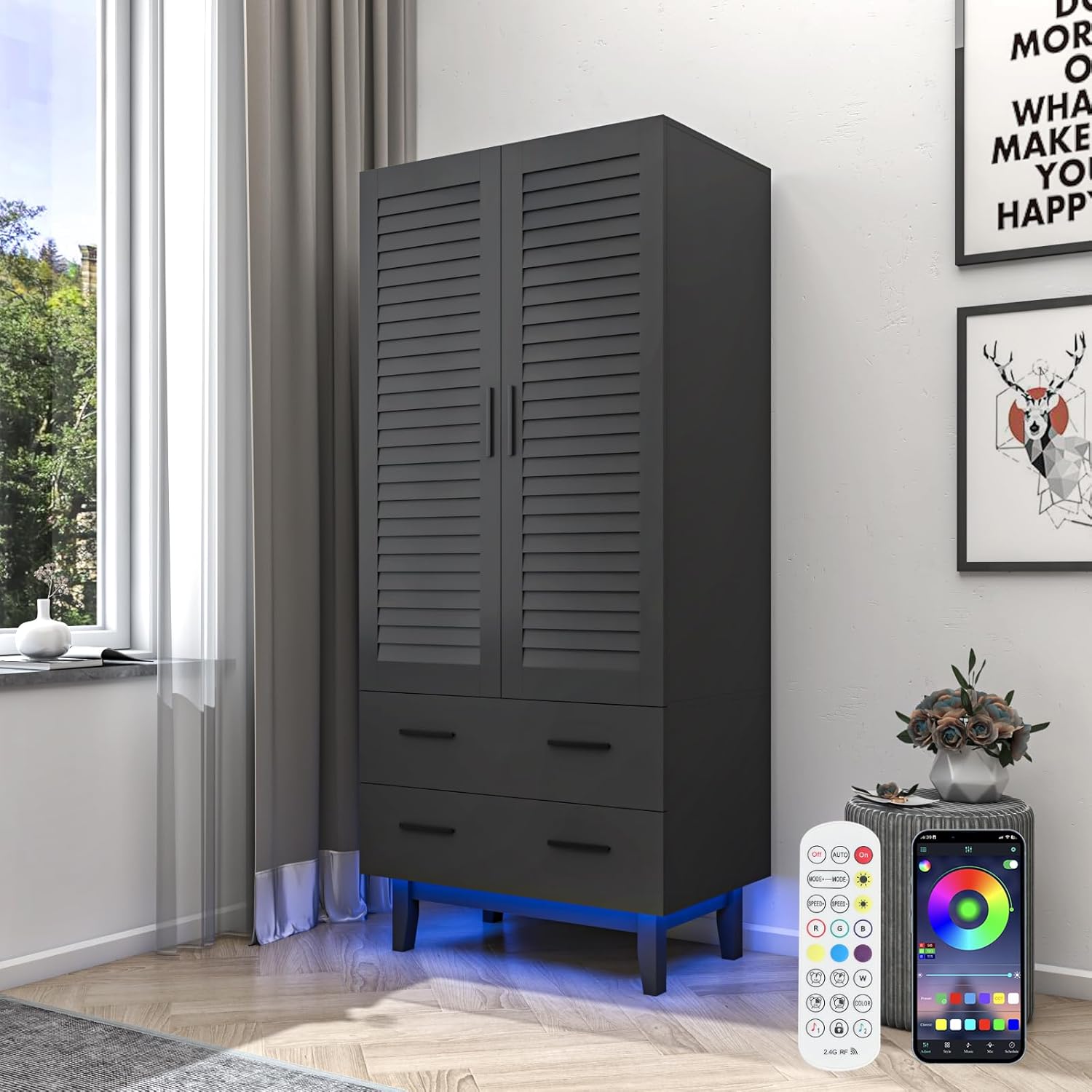 3 Door Armoire Wardrobe Closet Cabinet with Drawers and LED Lights, Multi-Tier Shelves, Hanging Rod & 3 Louver Doors, Large Capacity Storage Wardrobe Armoire for Bedroom, Black - Grand Goldman