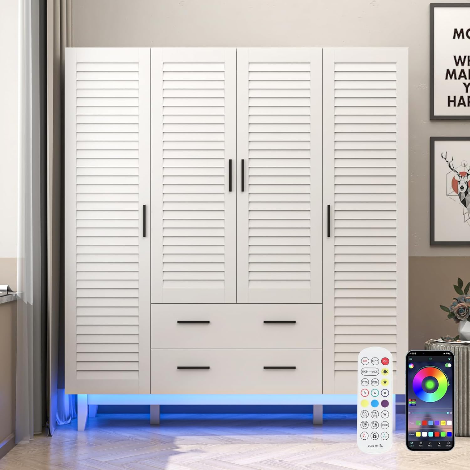 3 Door Armoire Wardrobe Closet Cabinet with Drawers and LED Lights, Multi-Tier Shelves, Hanging Rod & 3 Louver Doors, Large Capacity Storage Wardrobe Armoire for Bedroom, Black - Grand Goldman