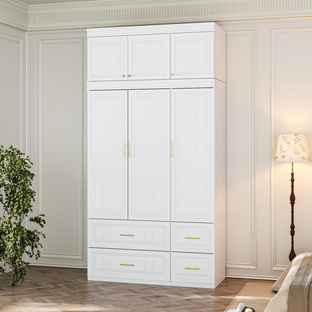 3 Door Wardrobe Armoire Closet, Bedroom Armoire with 4 Drawers & Shelves, Clothes Wardrobe with Hanging Rod & Gold Handles, for Bedroom Cloakroom, White, 20.6”D x 47.2”W x 74.2”H - Grand Goldman