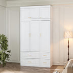 3 Door Wardrobe Armoire Closet, Bedroom Armoire with 4 Drawers & Shelves, Clothes Wardrobe with Hanging Rod & Gold Handles, for Bedroom Cloakroom, White, 20.6”D x 47.2”W x 74.2”H - Grand Goldman
