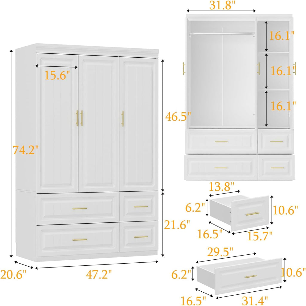 3 Door Wardrobe Armoire Closet, Bedroom Armoire with 4 Drawers & Shelves, Clothes Wardrobe with Hanging Rod & Gold Handles, for Bedroom Cloakroom, White, 20.6”D x 47.2”W x 74.2”H - Grand Goldman
