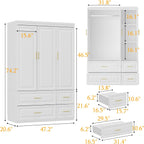 3 Door Wardrobe Armoire Closet, Bedroom Armoire with 4 Drawers & Shelves, Clothes Wardrobe with Hanging Rod & Gold Handles, for Bedroom Cloakroom, White, 20.6”D x 47.2”W x 74.2”H - Grand Goldman