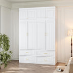 3 Door Wardrobe Armoire Closet, Bedroom Armoire with 4 Drawers & Shelves, Clothes Wardrobe with Hanging Rod & Gold Handles, for Bedroom Cloakroom, White, 20.6”D x 47.2”W x 74.2”H - Grand Goldman