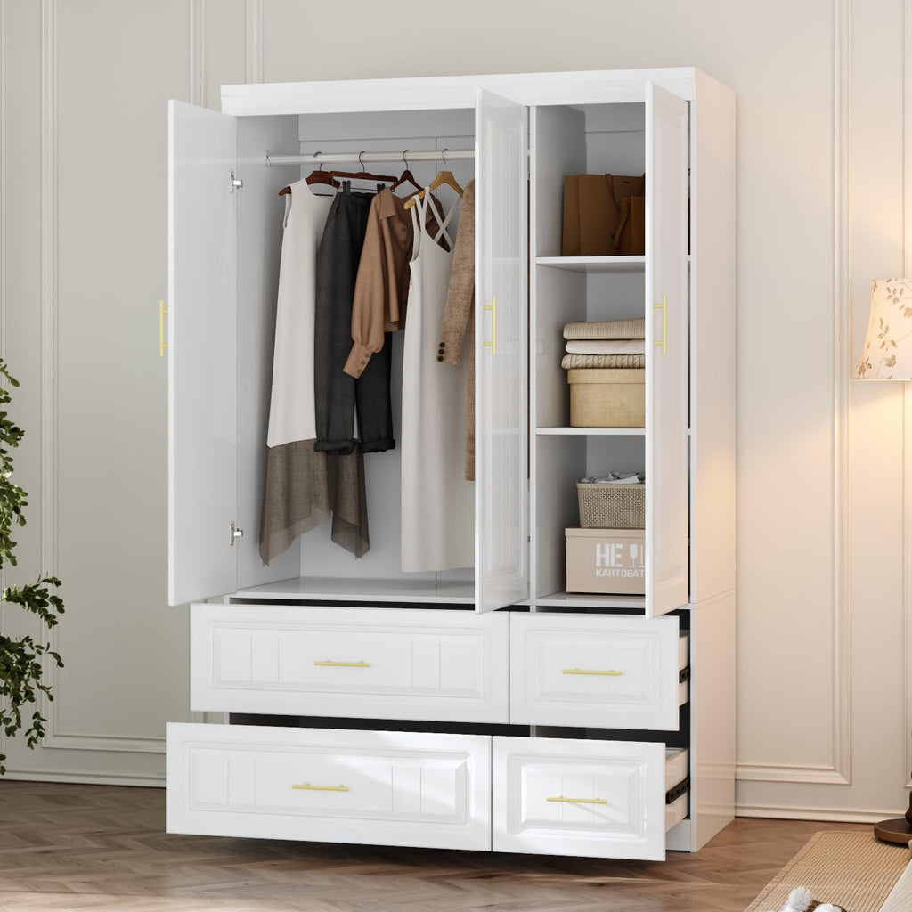 3 Door Wardrobe Armoire Closet, Bedroom Armoire with 4 Drawers & Shelves, Clothes Wardrobe with Hanging Rod & Gold Handles, for Bedroom Cloakroom, White, 20.6”D x 47.2”W x 74.2”H - Grand Goldman