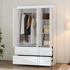 3 Door Wardrobe Armoire Closet, Bedroom Armoire with 4 Drawers & Shelves, Clothes Wardrobe with Hanging Rod & Gold Handles, for Bedroom Cloakroom, White, 20.6”D x 47.2”W x 74.2”H - Grand Goldman