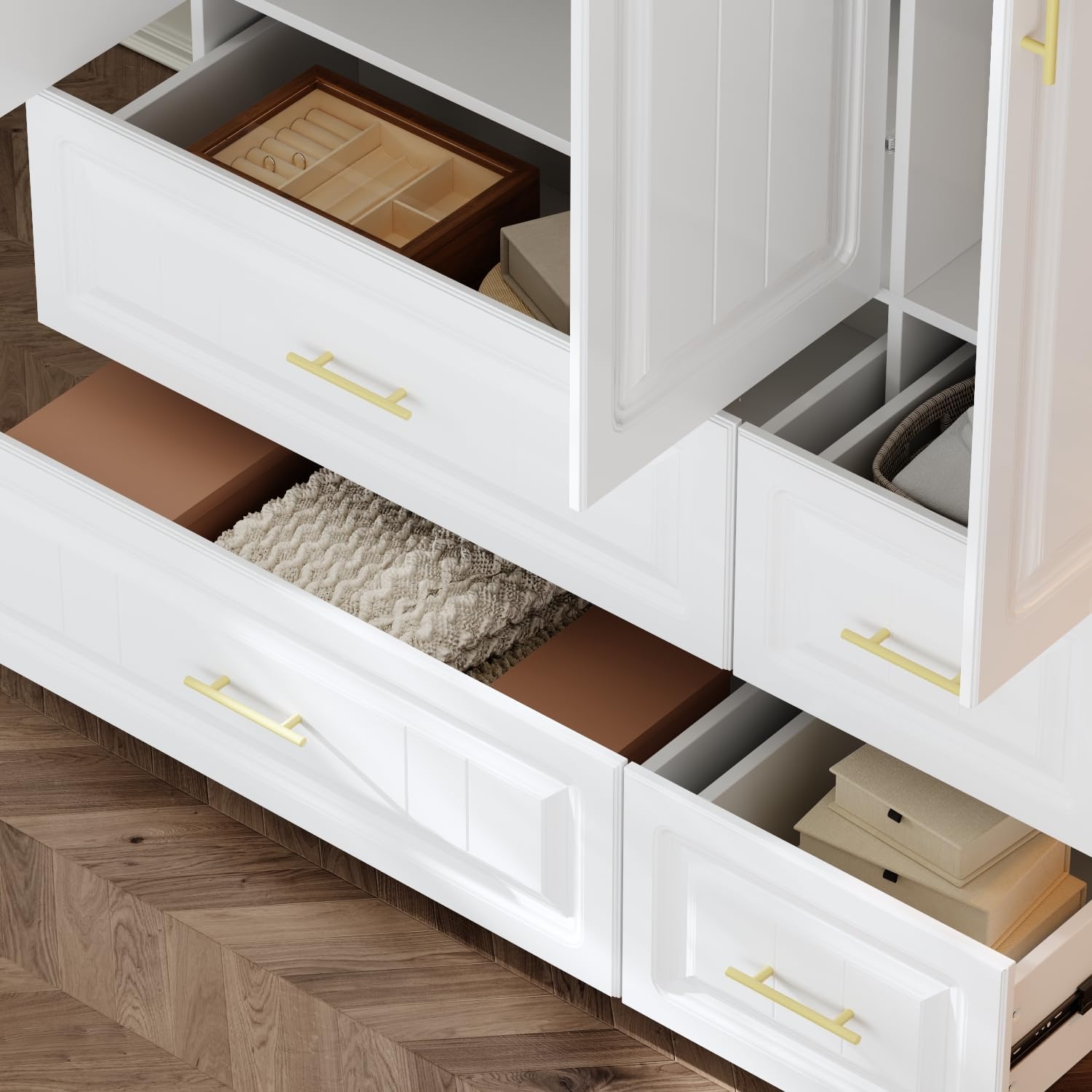 3 Door Wardrobe Armoire Closet, Bedroom Armoire with 4 Drawers & Shelves, Clothes Wardrobe with Hanging Rod & Gold Handles, for Bedroom Cloakroom, White, 20.6”D x 47.2”W x 74.2”H - Grand Goldman
