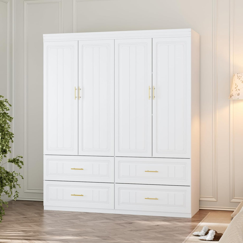 3 Door Wardrobe Armoire Closet, Bedroom Armoire with 4 Drawers & Shelves, Clothes Wardrobe with Hanging Rod & Gold Handles, for Bedroom Cloakroom, White, 20.6”D x 47.2”W x 74.2”H - Grand Goldman