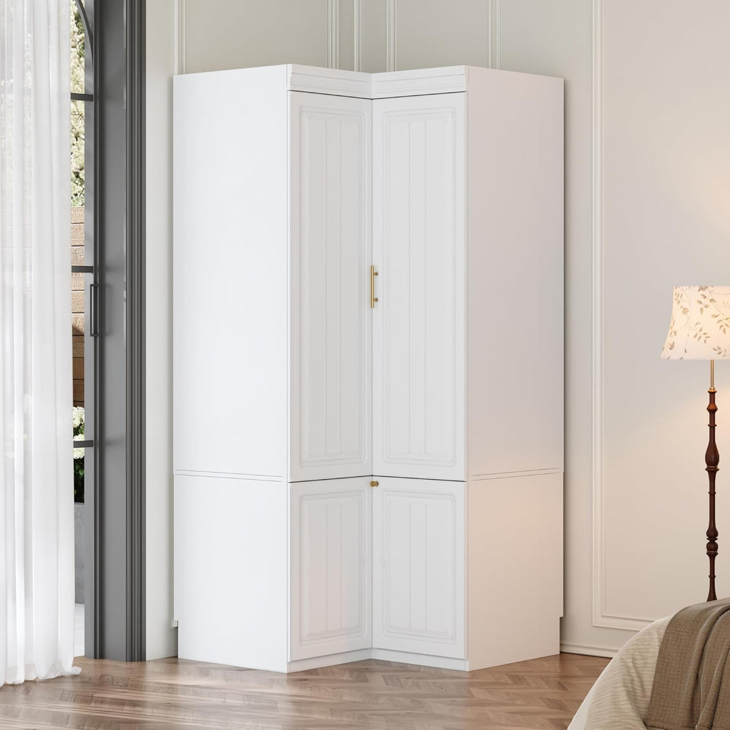 3 Door Wardrobe Armoire Closet, Bedroom Armoire with 4 Drawers & Shelves, Clothes Wardrobe with Hanging Rod & Gold Handles, for Bedroom Cloakroom, White, 20.6”D x 47.2”W x 74.2”H - Grand Goldman