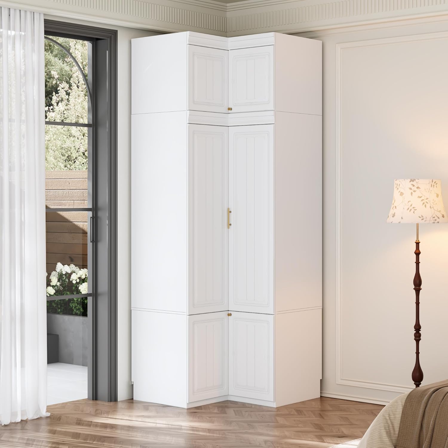 3 Door Wardrobe Armoire Closet, Bedroom Armoire with 4 Drawers & Shelves, Clothes Wardrobe with Hanging Rod & Gold Handles, for Bedroom Cloakroom, White, 20.6”D x 47.2”W x 74.2”H - Grand Goldman
