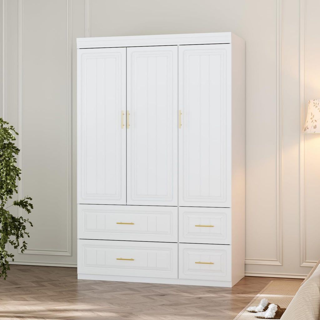 3 Door Wardrobe Armoire Closet, Bedroom Armoire with 4 Drawers & Shelves, Clothes Wardrobe with Hanging Rod & Gold Handles, for Bedroom Cloakroom, White, 20.6”D x 47.2”W x 74.2”H - Grand Goldman